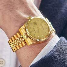 PROKING 1pc 40mm Men's Watch, Stainless Steel Case & Band, Gold Color, Luxury Quartz Watch, Business Water-Resistant Wristwatch, Fashion Calendar Diamond-Studded, Suitable For Daily Decoration, Holiday & Birthday Gift - Gold - View 2