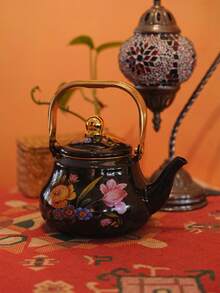 1pc,High Appearance Level Nostalgic Flower Enamel Kettle, Steel Handle Kettle, Household Boiling Kettle, Coffee Pot, Kitchen Gas, Induction Cooker Can Directly Heat Kettle, Gift Kettle For Elders And Relatives - Black Nostalgic Flowers - View 6