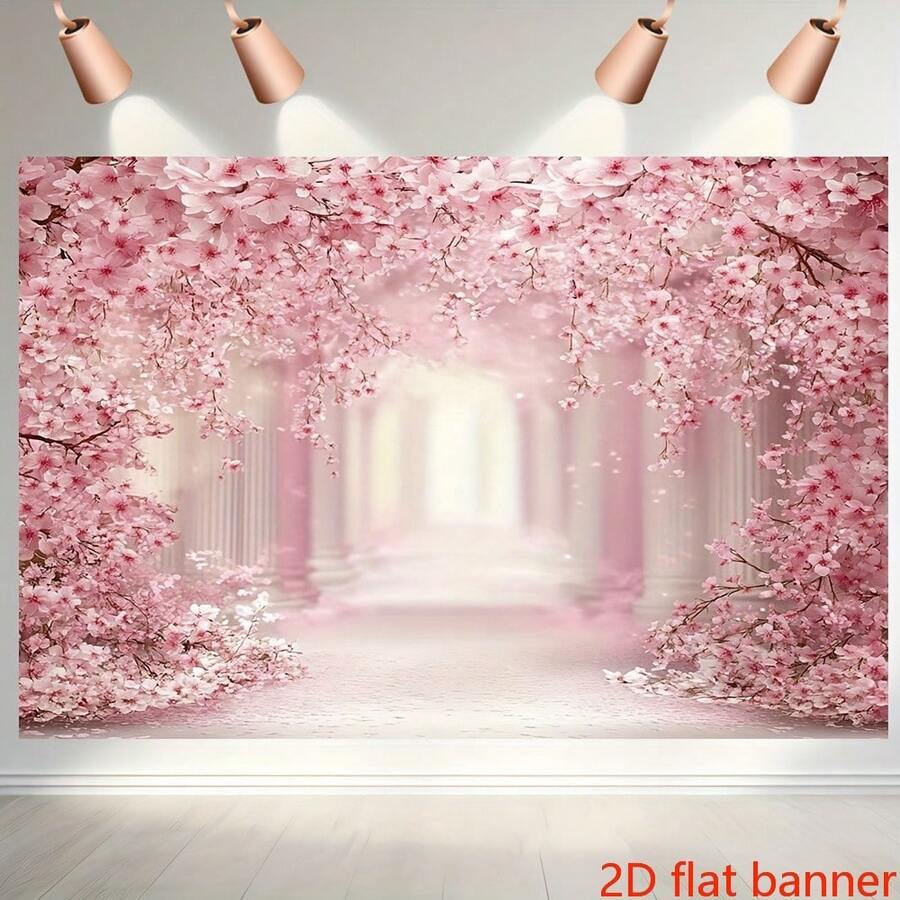 Banner phẳng 2D 1 Phông nền chụp ảnh hoa, Cổng vòm hoa anh đào màu hồng bằng polyester, Giặt máy, Không cần điện, Thích hợp cho ảnh chân dung tại nhà và trang trí tiệc, Có nhiều kích cỡ