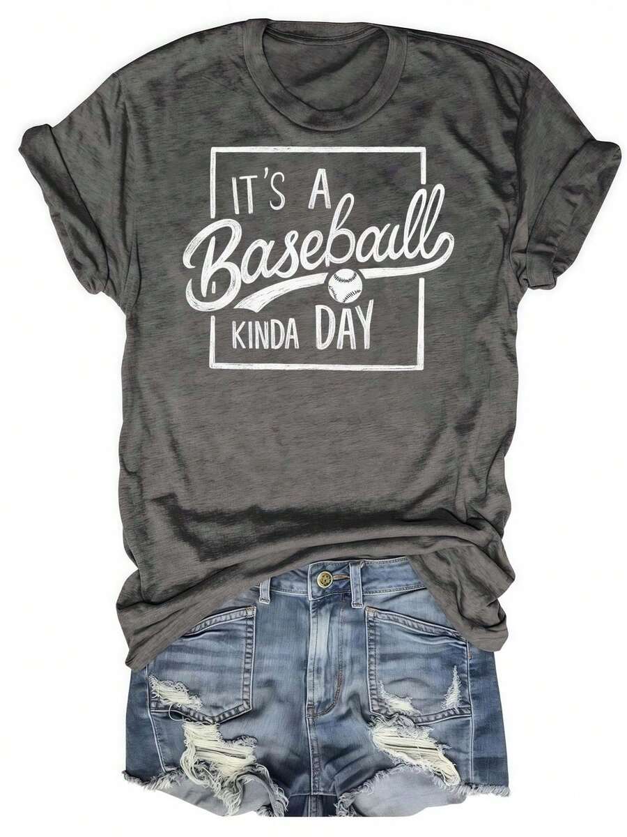 It's A Baseball Kinda Day  Typography DesignWomens Tshirt Black Grey White Light Apricot Dark Red - 灰色 - 查看 1