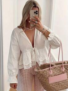 Plus Size Woven Long Sleeve Shirt With Hollow Lace Trim And Tie Front - White - View 8