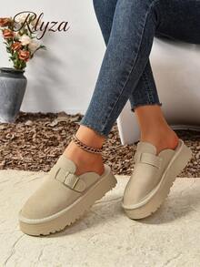 2024春秋新款女士增高半套脚休闲时尚毛绒乐福鞋及厚底鞋，穆勒鞋 - 卡其色 - 查看 3