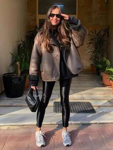 女式仿羔羊毛大衣休闲秋冬休闲柔软绒面革加厚保暖夹克上衣 - 巧克力棕 - 查看 3