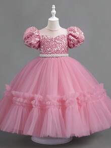 年轻女孩公主派对串珠亮片蓬松长裙、生日婚纱 - 藕粉色 - 查看 2