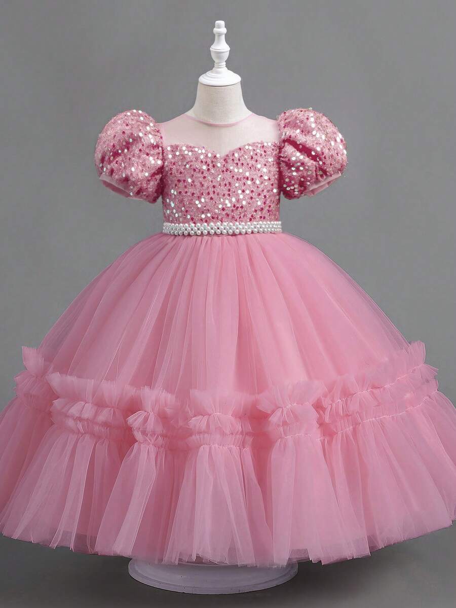 年轻女孩公主派对串珠亮片蓬松长裙、生日婚纱