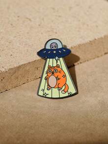 1pc Green Cute UFO Space Cat Brooch, Versatile Metal Cat Badge Alien Spaceship Transmission Kitten Clothing Accessory - Multicolor - View 10