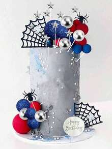 37件套蜘蛛蛋糕装饰，红蓝泡沫球，生日快乐亚克力装饰，星星蛋糕装饰，蜘蛛网装饰，适合男士生日蛋糕装饰，主题蛋糕装饰（请勿直接接触蛋糕；请使用白色或透明棒或竹签。） - 彩色 - 查看 4