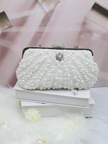 White Color Women Pearl Clutch Bag, Beaded Evening Bag, Wedding Clutch With Handle Suitable For Parties, Weddings, Formal Events, Prom Dresses, Bridesmaids Dresses, Perfect For Party Wedding Prom Dinner/Banquet, Matching With Holiday Party Dress Evening Dress & Sequin Dress Banquet Bag Bridal Wallet Party Pearl Handbag, It Is An Ideal Gift For Women - White - View 4