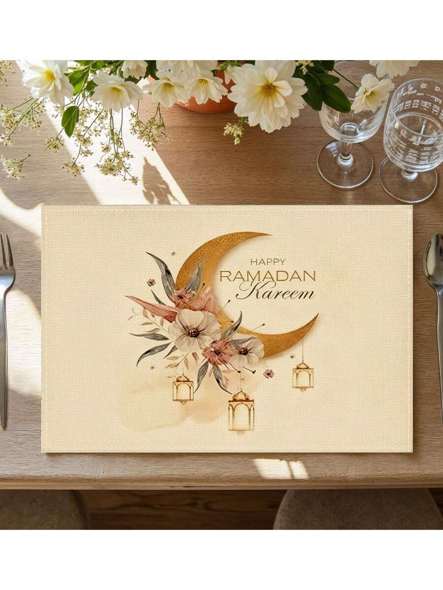 1 Peça/Conjunto Tapete de Mesa Bege de Linho para o Ramadã, Decoração de Mesa de Cozinha/Jantar Sazonal de 30*45cm, Decoração Doméstica, Para Festa, Reunião, Refeição Familiar - Multicolorido - Visão 1