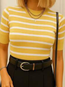 Women's Striped Short-Sleeve Modal Knit Blouse - 黃色 - 查看 2