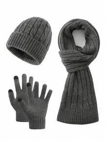 3 件套男士简约纯色条纹针织帽、围巾、露指手套套装，柔软保暖内衬，保暖防风，适合秋冬户外、运动、休闲蓬松 - 彩色 - 查看 21