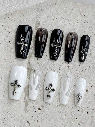 10 Pieces Of Acrylic Press On Nails, Vintage Metal Cross Accessory With Black And White Color Contrast Matching,Combination Of Glossy Nail Polish And Gradient Technique, Suitable For Women For Weddings, Parties, Festivals, Holidays, Gift Nail Tools. Nail Supplies