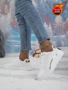 Women's Elegant & Comfortable Low-Top Sneakers - Lightweight EVA Sole, Warm Lining - White Upper With Gold Accents - Comfortable Casual Shoes, Minimalist Design, Soft Cushioning, Durable Traction, Ideal For Urban Lifestyle