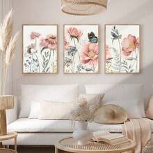 三幅粉色花卉油画，蝴蝶图案帆布墙饰，植物花卉印花，波西米亚风挂画，客厅卧室墙面装饰，无框 - 粉色 - 查看 8