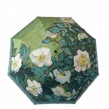 Guarda-chuva dobrável portátil com pintura a óleo automática, rosa selvagem, reforçado com 8 varetas, revestimento preto decorativo, proteção UV. - Multicolorido - Ver 8