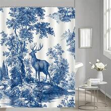 1pc Vintage Blue Toile Deer In Woodland Shower Curtain - Elegant Retro French Country Bathroom Decor, Polyester Fabric With Grommet Hooks, All-Season & Seasonal Use For Autumn Winter Halloween, Deer & Foliage Animal Print Bathroom Window Curtain Alternativ - Nhiều màu - Xem 4