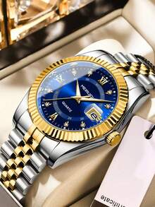 1 Stück Herren Mode Koreanischer Stil Strass Kalender Quarz Uhr mit Edelstahlarmband, Lässig Business Paar Uhr - Einheitsgröße - Übersicht 4