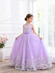 紫色蕾丝长款花童礼服，女孩婚礼伴娘生日派对节日正式礼服，公主舞会礼服，毕业典礼，复活节 - 淡紫色 - 查看 7