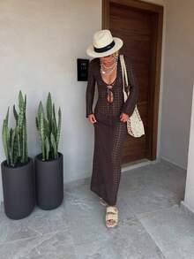 Senya 女士深V领系带长款喇叭袖针织连衣裙，沙滩罩衫，春夏度假，优雅海滩泳装，休闲时尚，日常通勤，派对，2026情人节新款针织长裙 - 咖啡棕 - 查看 6