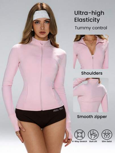 FWH Euro-American ,Flattering Fit,Functional Design,All-Purpose Wear - Yoga/Outdoor/Training Ready,Mobility Optimized,#UrbanAthleisure #PerformanceChic #VersatileLayer,Women's Workout Jacket With Pockets,Fitted Yoga Coat,Thumbhole Running Top,Outdoor Performance Turtleneck Jacket