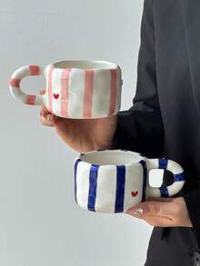 1pc Striped Heart Ceramic Coffee Mug, Elegant Minimalist Ceramic Mug, Ceramic Cup, Water Cup, Creative Hand-Painted Ceramic Juice Cup, High-Quality Afternoon Tea Cup, Breakfast Milk Cup, Gift Mug, Suitable For All Seasons - Multicolor - View 7