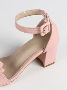 女士薄纱蝴蝶结粗跟露趾凉鞋，甜美优雅风格，粉色皮革中跟鞋 - 粉色 - 查看 9