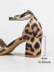 Women's Leopard Print Metal Decor Block Heel Open-Toe Sandals, Wild Fashion Style, Leopard Print Leather Mid-Heeled Shoes - Brown - View 10