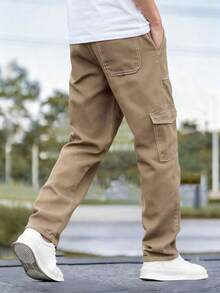 1 件 Tween 男童复古休闲时尚简约牛仔效果口袋工装裤，适合春/夏/秋/冬 - 卡其色 - 查看 3