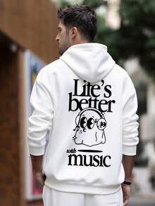 万圣节可爱幽灵元素印花男士秋冬新款创意抓绒连帽卫衣，长袖上衣 - 白色 - 查看 2