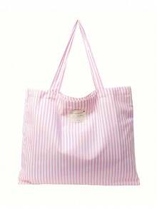 Retro Pink & White Striped Canvas Tote Bag With Matching Zipper Pouch, Women's Large Capacity Striped Canvas Handbag - Travel Shopping Fashion Shoulder Bag, Bright Pink & White Stripes, Spacious, Multifunctional, Washable - Unsealed, Casual Daily Tote, Valentine's Day Gift, Christmas Gift, Birthday Gift - 彩色 - 查看 10