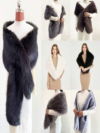 1 件女士纯色毛绒优雅婚礼披肩，适合婚礼派对温暖毛绒披肩