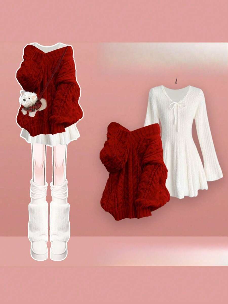 Women Two-Piece Outfits - Váy đỏ + chân váy trắng - Xem 1