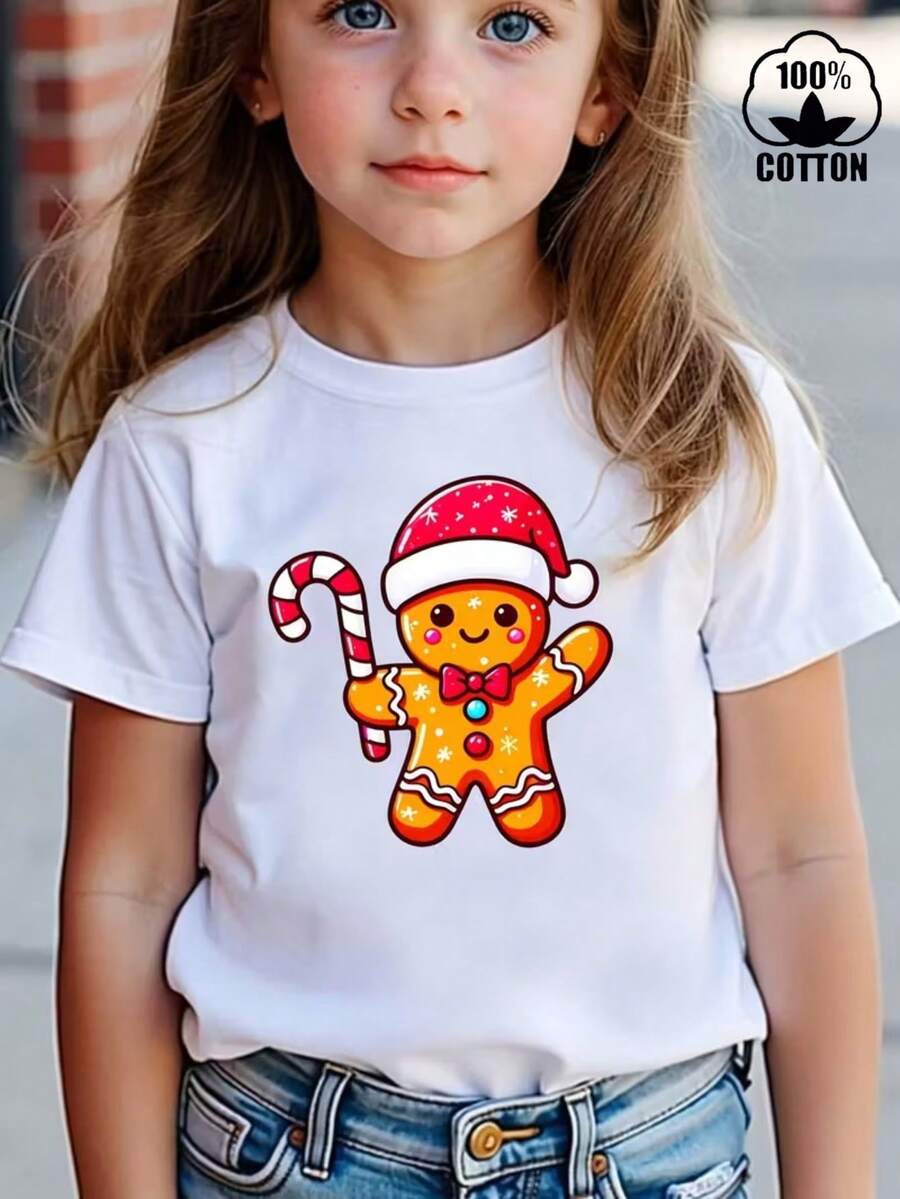 Esta nueva camiseta de manga corta para niñas, 100% algodón, luce un estampado navideño y un corte holgado, informal y versátil. Confeccionada con un tejido suave y delicado con la piel, es suave con la piel sensible de tu hija, permitiéndole moverse con libertad y comodidad durante las reuniones familiares navideñas, los eventos escolares o los juegos al aire libre. - Blanco - Ver 1