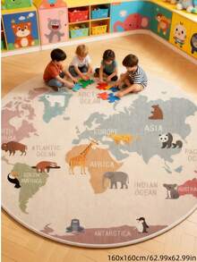 1块世界地图动物圆形地毯，以清晰的各大洲和海洋标记为底色，搭配从非洲长颈鹿到南极企鹅等栩栩如生的动物图案，带您踏上一段奇妙的环球之旅。采用柔软亲肤的材质，脚感舒适，经久耐用，易于清洁。适用于装饰客厅、卧室、书房等空间。