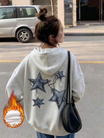 Loose Fit Hooded Long Sleeve Blue Star Print Fleece Sweatshirt