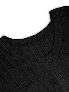 Women's Plus Size Autumn/Winter Brushed Ribbed Knit Dress, Fashionable Elegant V-Neck Half-Button Front Dress - Black - View 5