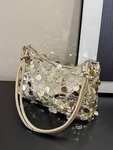 1pc Shiny Gold Crescent Moon Shaped PE PVC Shoulder Bag, Women's Party Clutch - Gold - View 4