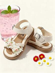 New Summer Girls Flat Sandals, Fashionable & Versatile With Woven Floral Decor, Hook And Loop Design For Easy On/Off, Comfortable & Non-Slip, Suitable For Daily Wear, Vacation, Outing And Party