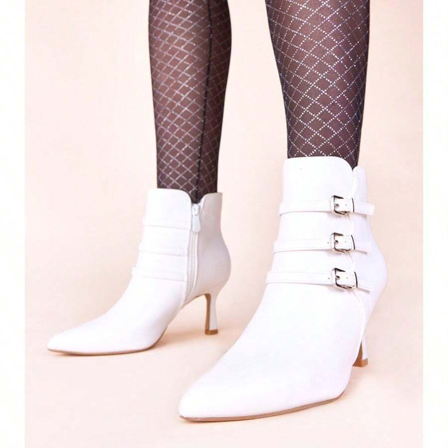 Pointed Toe Kitten Heel Ankle Boots For Daily Wear - White - View 1