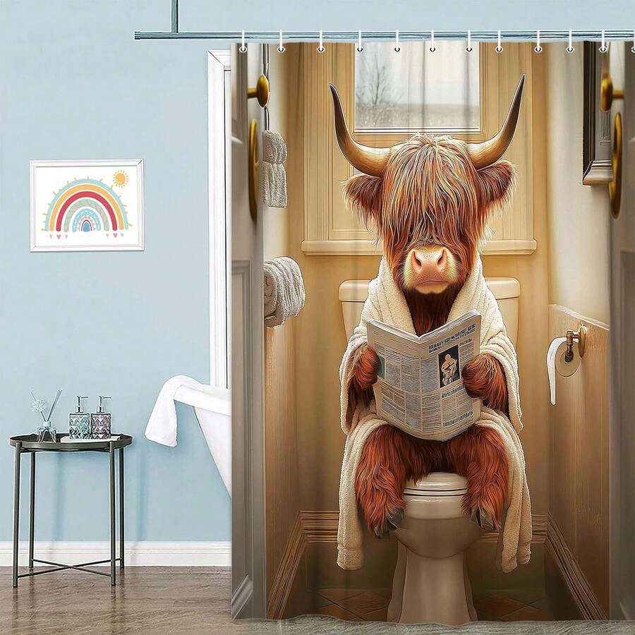 Funny Highland Bull Shower Curtain: This Shower Curtain Features A Charming Animal Print, Depicting A Bull Sitting On The Toilet Reading A Newspaper. Made Of Waterproof Polyester Fabric, This Humorous Farmhouse-Style Shower Curtain Set Includes 12 Hooks. Machine Washable And Easy To Install, It Is An Ideal Bathroom Accessory For Home, Hotel, Vacation, Or As A Gift.