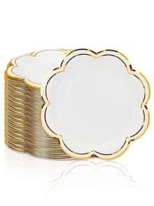 10pcs/20pcs/50pcs White And Golden Party Plates Gold Foil Scalloped Dessert Paper Plate 7inch Scalloped Edge Disposable Cake Plates For Tea Party Birthday Bridal Baby Shower Wedding Party Supplies - White - View 1