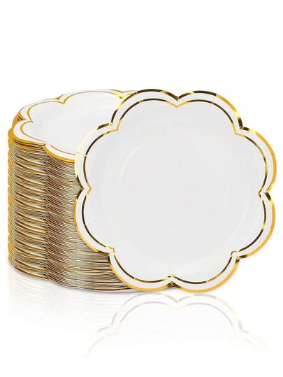 10 piezas/20 piezas/50 piezas Platos de fiesta blancos y dorados Platos de papel desechables con borde ondulado y lámina de oro de 7 pulgadas para té, fiesta de cumpleaños, nupcial, baby shower, suministros para fiestas de boda