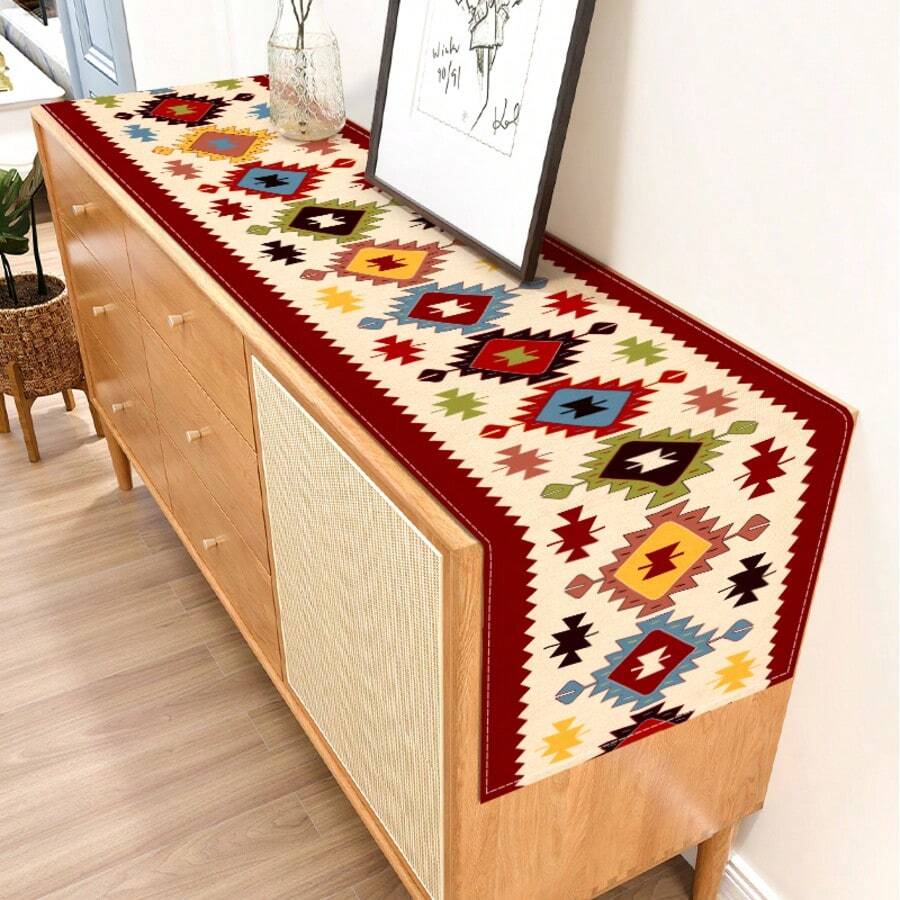 1pc Geometric Pattern Table Runner, 4pcs Geometric Pattern Placemats, Suitable For Holidays, Parties, Birthdays, Dinners, Kitchen & Dining Room Table Decor, All Season Home & Living Room Decor - Multicolor - View 1