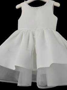 年轻女孩优雅可爱珍珠蝴蝶结露背无袖派对礼服，公主裙，适合生日、婚礼、聚会、舞会 - 白色 - 查看 5