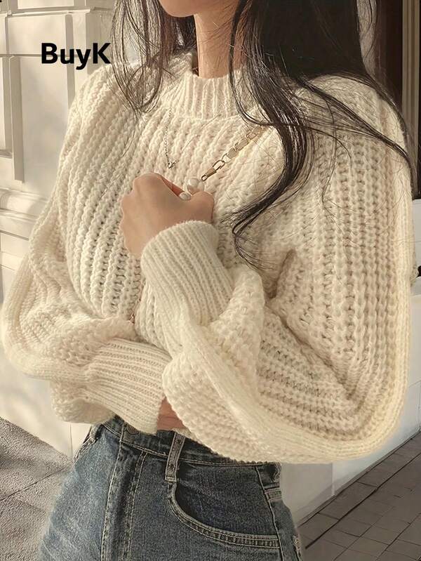 BuyK [Tops]BuyK Fall/Winter Women's Round-Neck Statement Loose Solid-Color Casual Pullover Sweater
