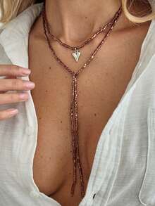 1pc Design Sense Crushed Stone Shimmering Collarbone Chain, Niche Heart-Shaped Pendant, Long Beaded Necklace Accessory - Necklace - View 6