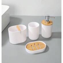 Juego de baño de lujo de estilo europeo de 4 piezas Tapa de bambú y ecológica con dispensador de jabón de plástico - blanco - Ver 12