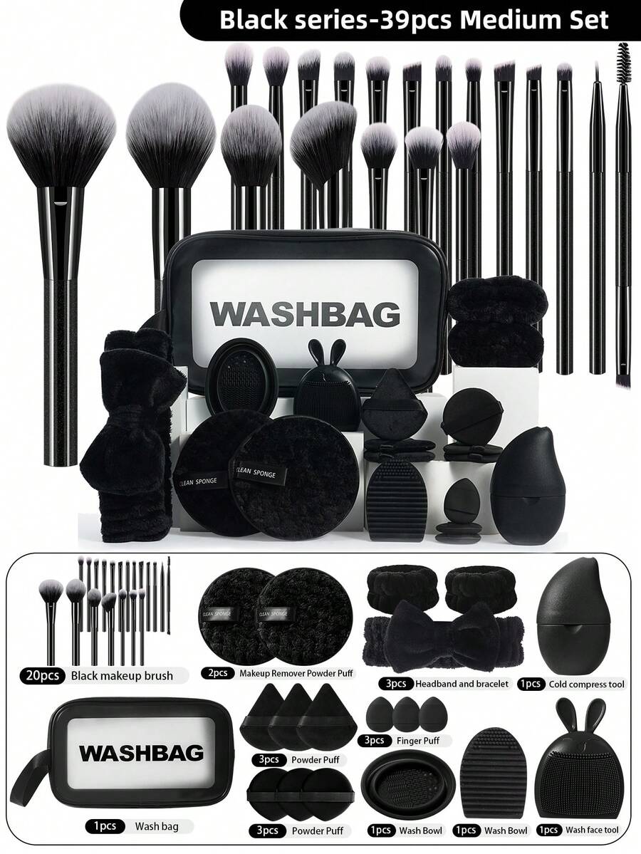 39 Stück Make-up-Werkzeug-Set, inklusive: 1 Stück Multi-Funktions-Reißverschluss-Kulturtasche wasserdicht + 20 Stück Make-up-Pinsel-Sets + 3 Stück Dreieck-Puder-Puffs + 3 Stück Mini-Air-Cushion-Puder-Puffs + 3 Stück Air-Cushion-Puder-Puffs + 2 Stück Gesichtsreinigungsschwämme + 1 Stück Gesichts-Kälte-Kompresse-Instrument + 1 Stück Gesichtsreinigungsbürste + 1 Stück Haarband + 2 Stück Handschalen-Riemen + 2 Stück Make-up-Pinsel-Reinigungstools, Pinsel-Set, Make-up-Pinsel-Kit, Make-up-Pinsel-Set, komplettes Make-up-Set, Make-up-Pinsel-Set, komplettes Make-up-Kit, Pinsel-Kit, Make-up-Pinsel-Set, Make-up-Geschenkset, Set