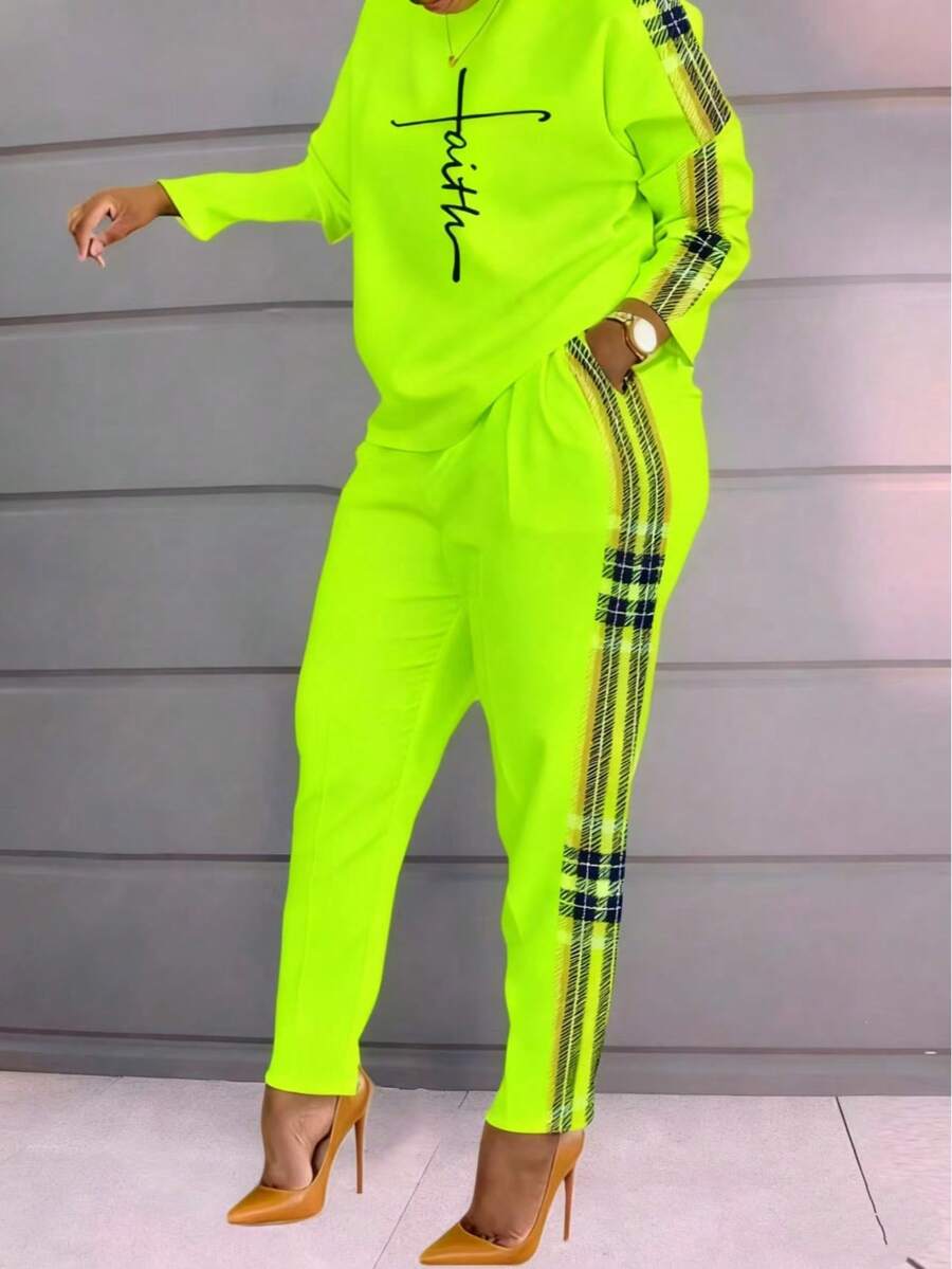 女士加大码字母格纹印花上衣和裤子套装，休闲时尚宽松春秋季女士条纹撞色口袋侧条纹抽绳办公沙滩优雅套装 - 綠色 - 查看 1