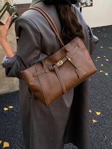 Elegante bolso tote de cuero PU para mujer, diseño vintage con hebilla de cinturón y lazo de ala, bolso de hombro de gran capacidad de moda europea y americana, adecuado para negocios casual, ir al trabajo, compras, citas, regalo - Multicolor - Ver 8
